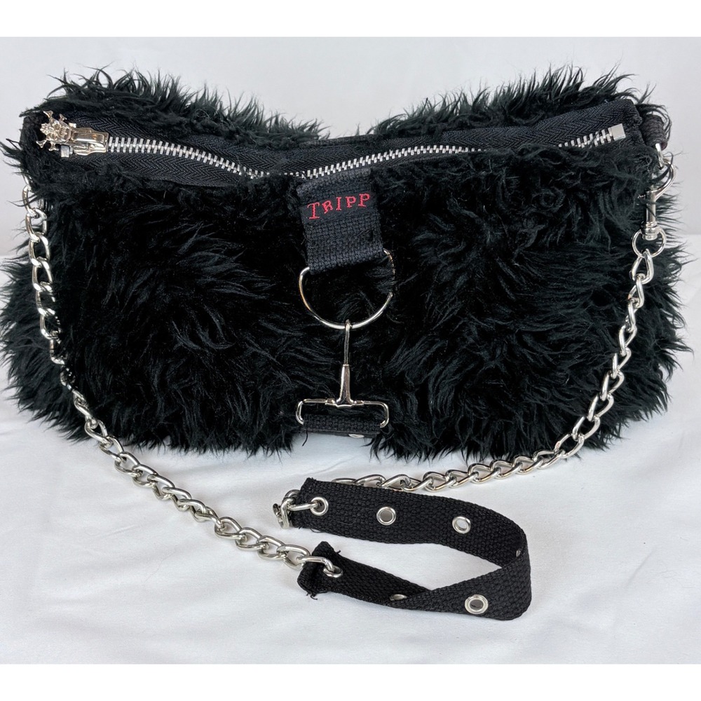 Tripp NYC Rare Vtg Black Faux Fur Chain Strap Shoulder Bag Gothic Punk Y2K Mall